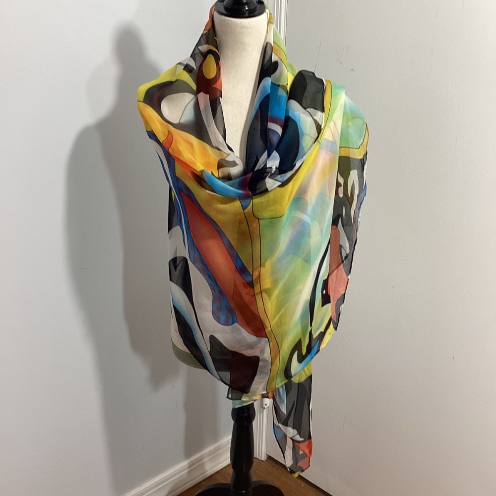 VINTAGE WOMAN ART DECO 100% SILK SCARF CHIFFON WEIGHTLESS WRAP 150"x35" - Picture 6 of 8